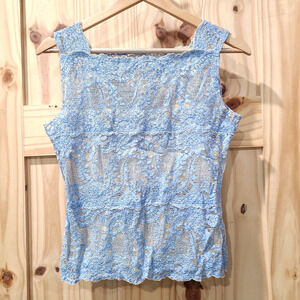 Vintage Kay Celine Blue Tan Lace Cami Sheer Tank Y2K Fairy Coquette Girl Size L